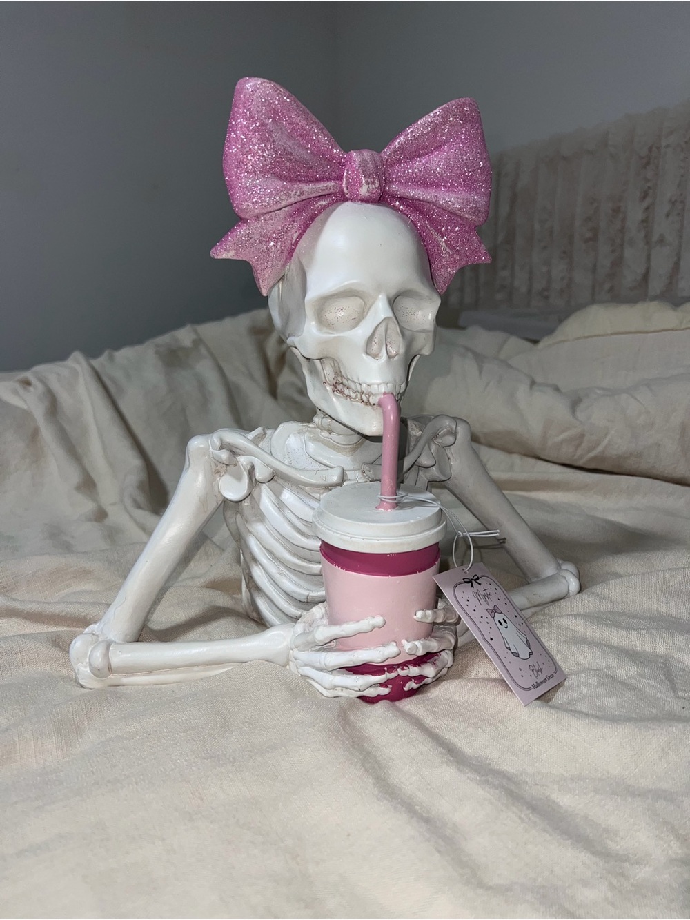 Pink Bow & Iced Coffee Beverage Skeleton Figurine Decorative Home Art